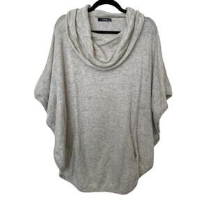 Gray and White Vintage Cashmere Cowl Neck Poncho with Pockets - One Size